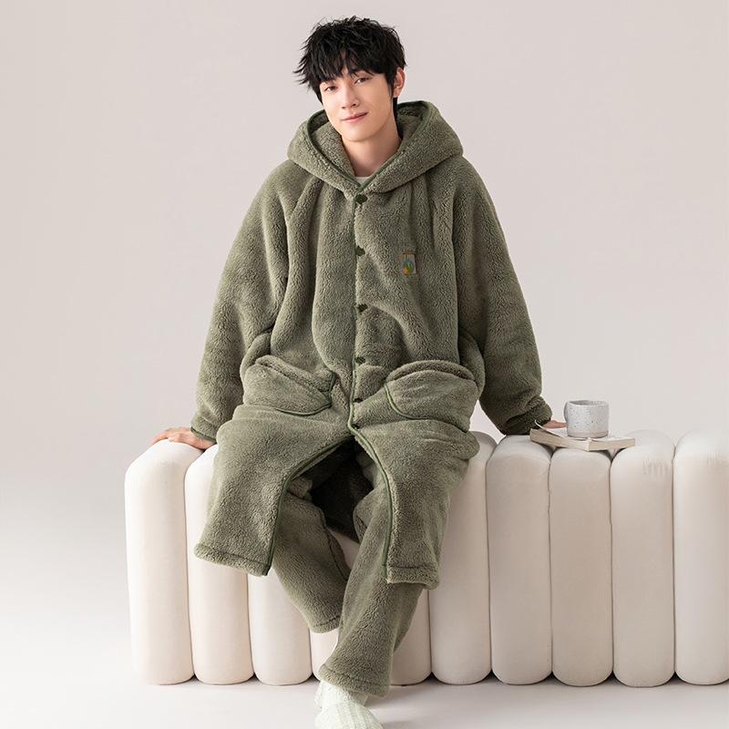 Men's Thick Flannel Fleece Pajama and Bathrobe Set - Autumn/Winter Homewear
