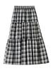 Spring 2025 Women's Navy Blue Plaid A-Line Patchwork Umbrella Skirt