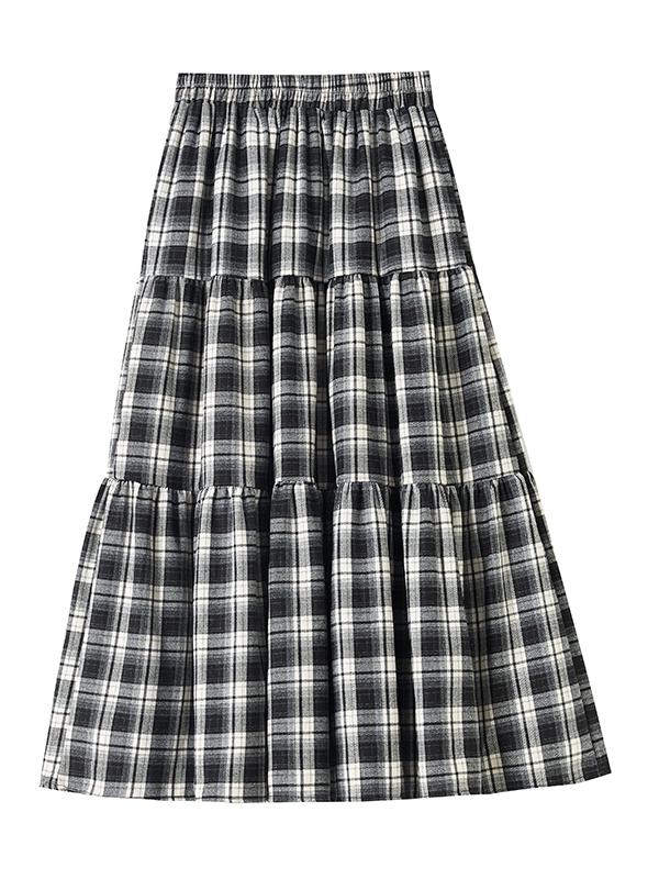 Spring 2025 Women's Navy Blue Plaid A-Line Patchwork Umbrella Skirt