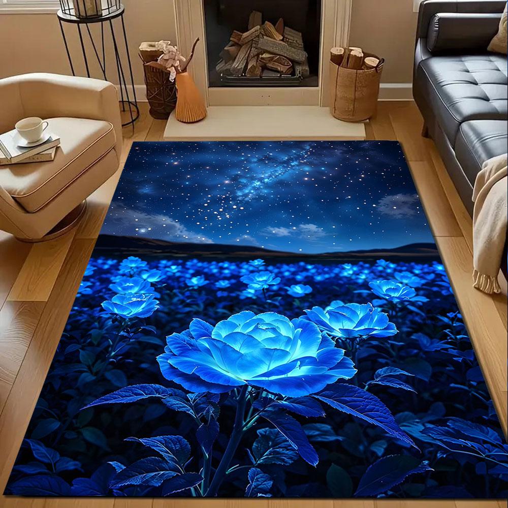Starry Night Over Blue Roses Patterned carpet, non slip mat suitable for living room and bedroom sofas