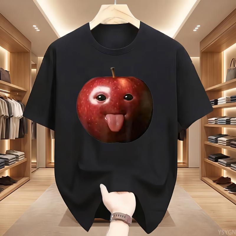 Funny Silly AI Apple Gen Z Meme BrainRot Humor Tongue Out T-shirt for Men T Shirts Crewneck Short Sleeve Tops