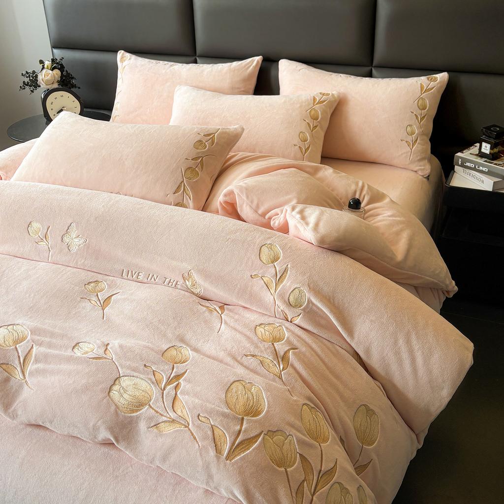 French light luxury milk fleece four-piece set, winter new fleece thickened high gram weight double-sided fleece bed sheet quilt cover kit