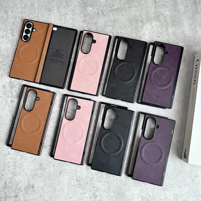 For Samsung Galaxy Z Fold 7 6 5 4 3 Fold7 Fold6 Magsafe Phone Case Film Leather Hinge Folding Wireless Charging Magnetic Cover