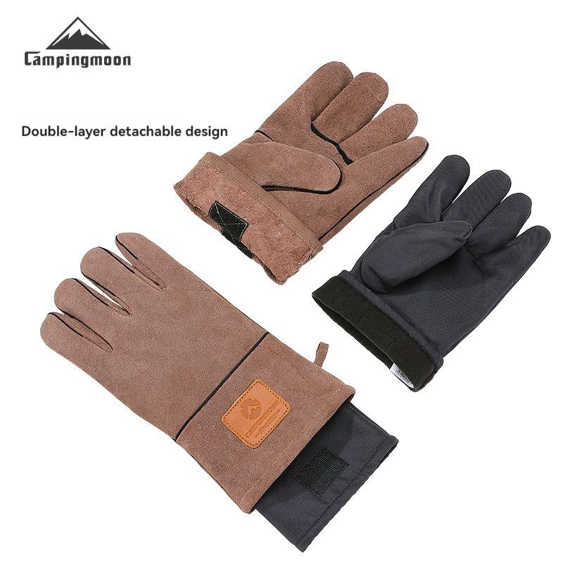 CAMPINGMOON Outdoor Flame-Retardant And Heat-Insulating Double-Layer Detachable Cowhide Fire Gloves