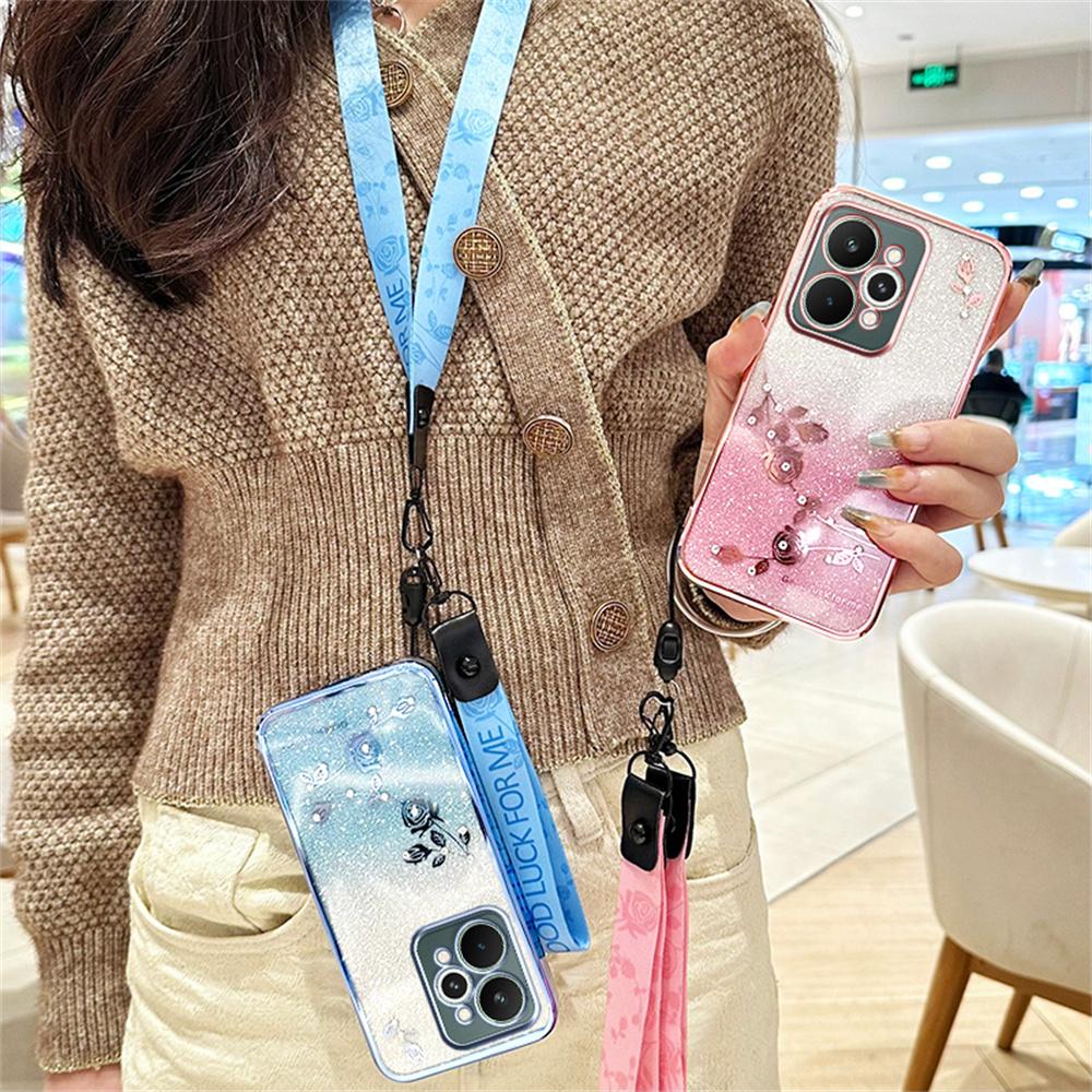 For Realme 15 5G Case Flower Pattern TPU Gradient Phone Cover with Lanyards