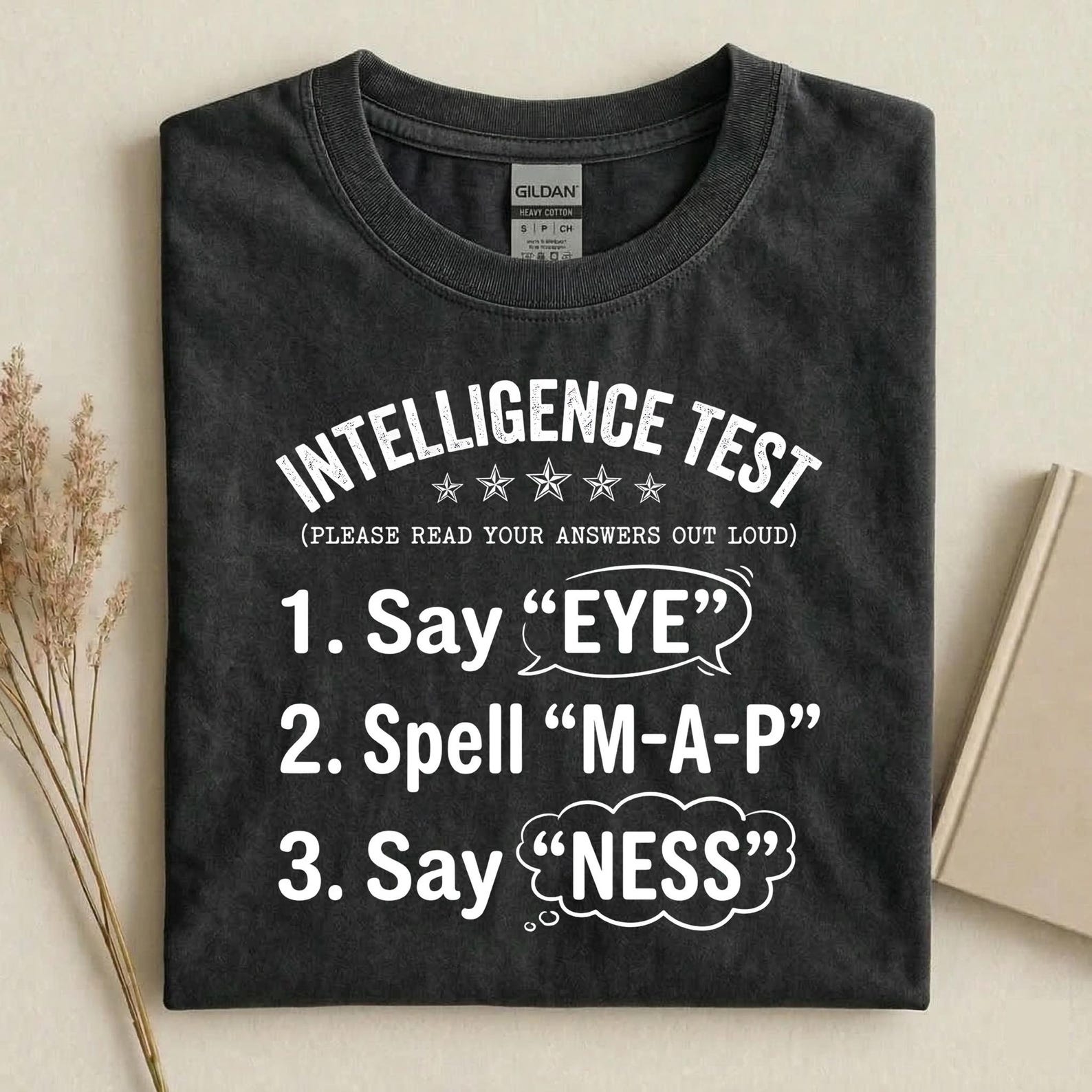 Intelligence Test Funny Shirt, Say Eye Spell Map Say Ness Tee, Classic Joke Humor T-Shirt, Prank Humor Graphic Tee, Funny Gag Gift S