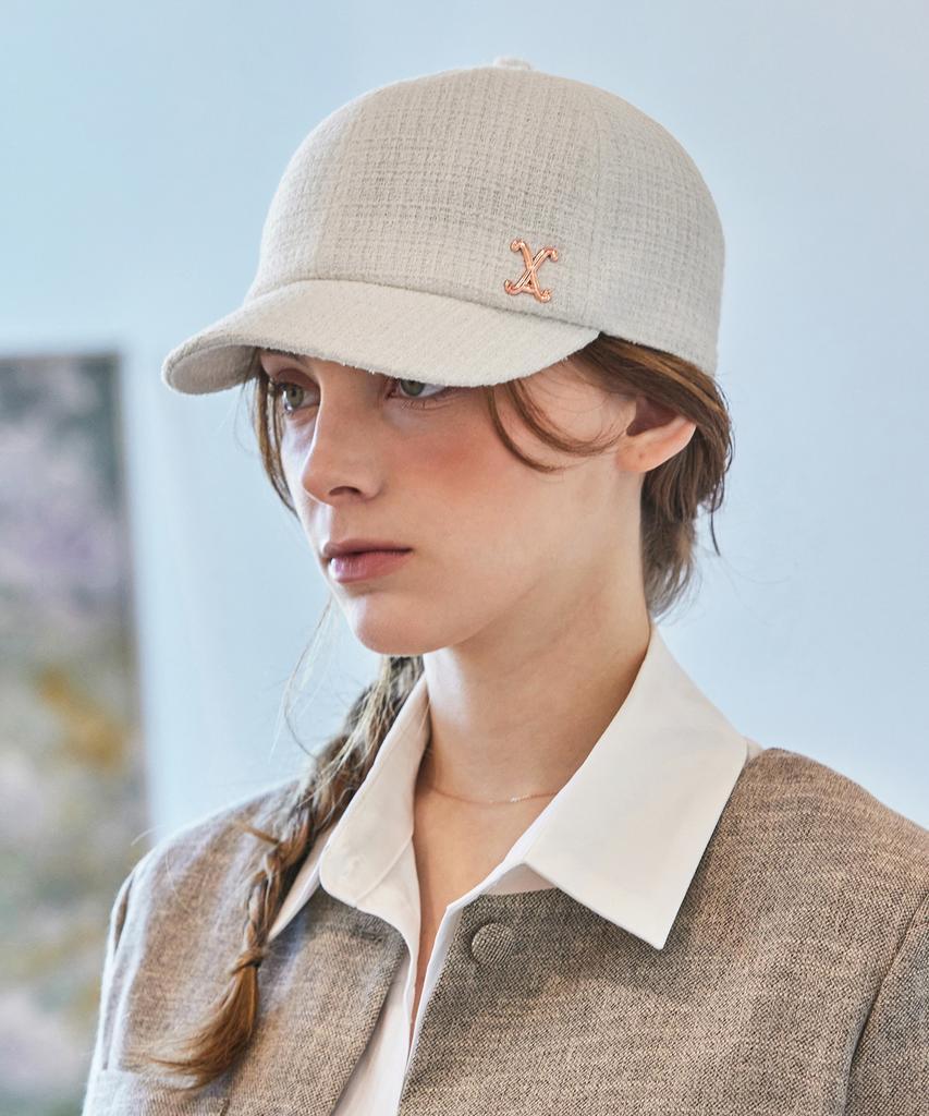 Bajal Va Curved Studded Tweed Ball Cap White