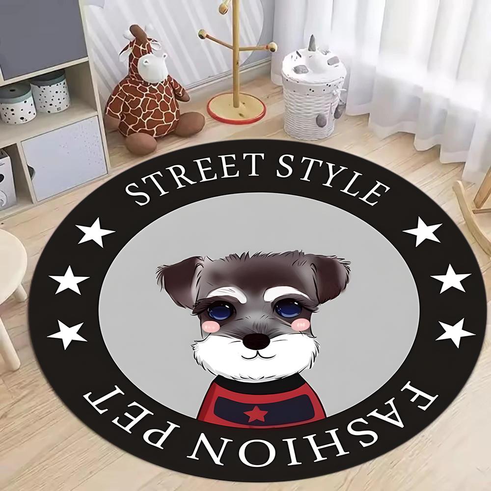 Cartoon Dog Pattern Round Carpet Street Style Poodle French Bulldog Schnauzer Design with Star Decor Soft Rug for Kids Bedroom