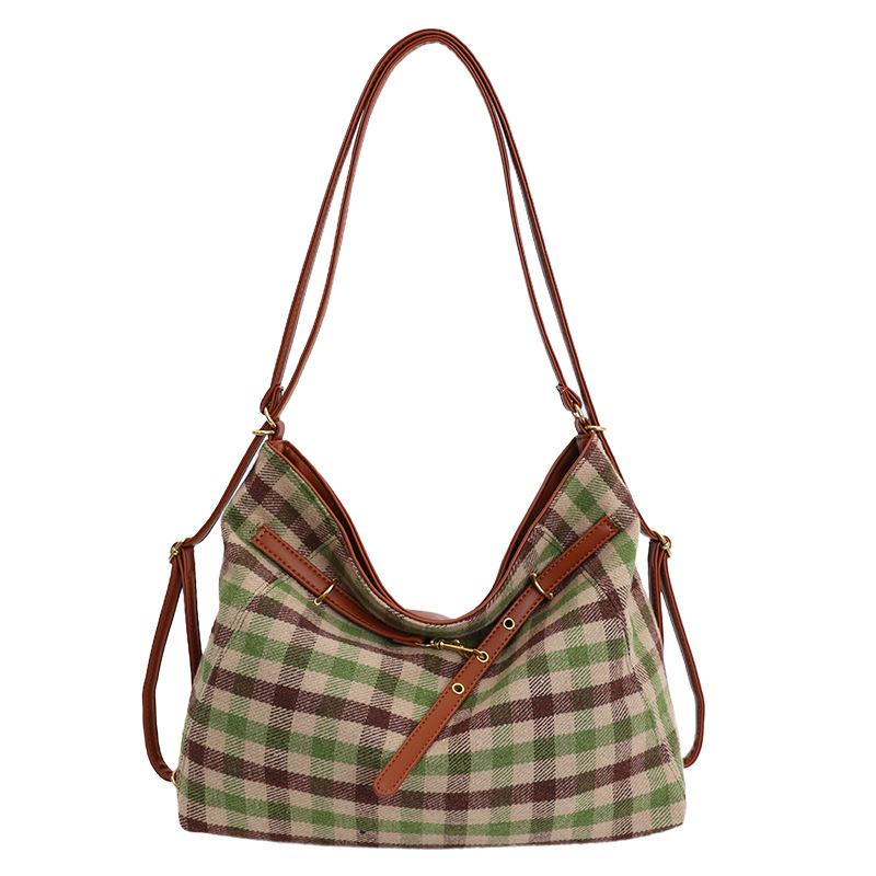 

A Checkered Bucket Bag with A Combination of A Crossbody Bag and A Niche Design, A Single-shoulder Bag зелений/коричневий