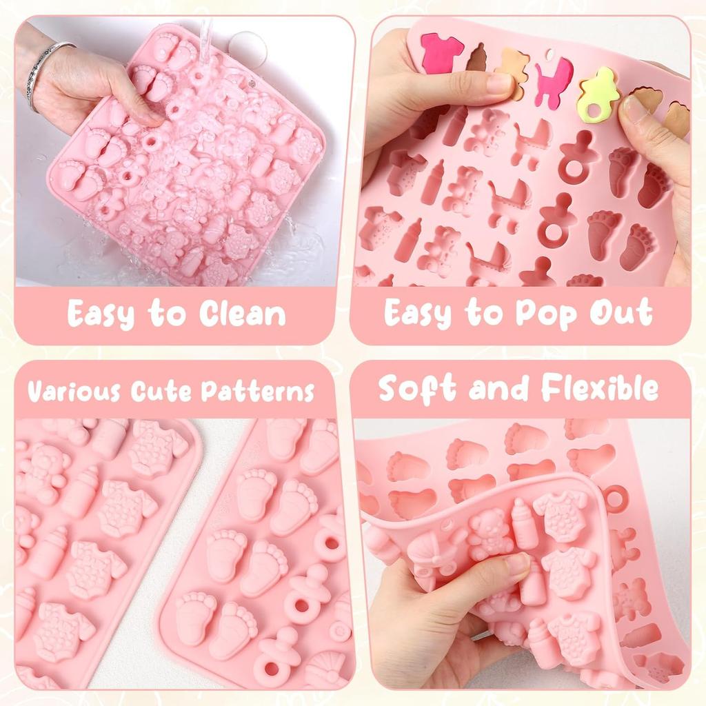 2 PCS Baby Shower Chocolate Mold,Baby Feet Molds Silicone, Baby Onesie Baby Bottle Pacifier Baby Carriage Bear Mold Candy Chocolate Gummy Molds for