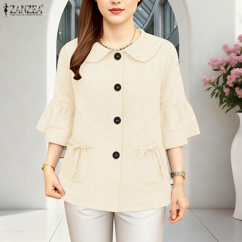 ZANZEA Women Turn Down Collar Loose Casual 3/4 Sleeve Print Blouse
