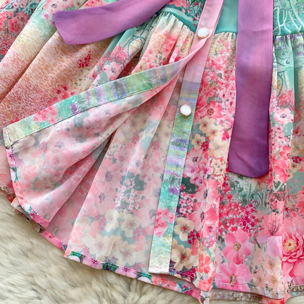 Summer Spring Women Lantern Sleeve Stand Collar Print Mini Short Beach Vacation Lace-up Dresses