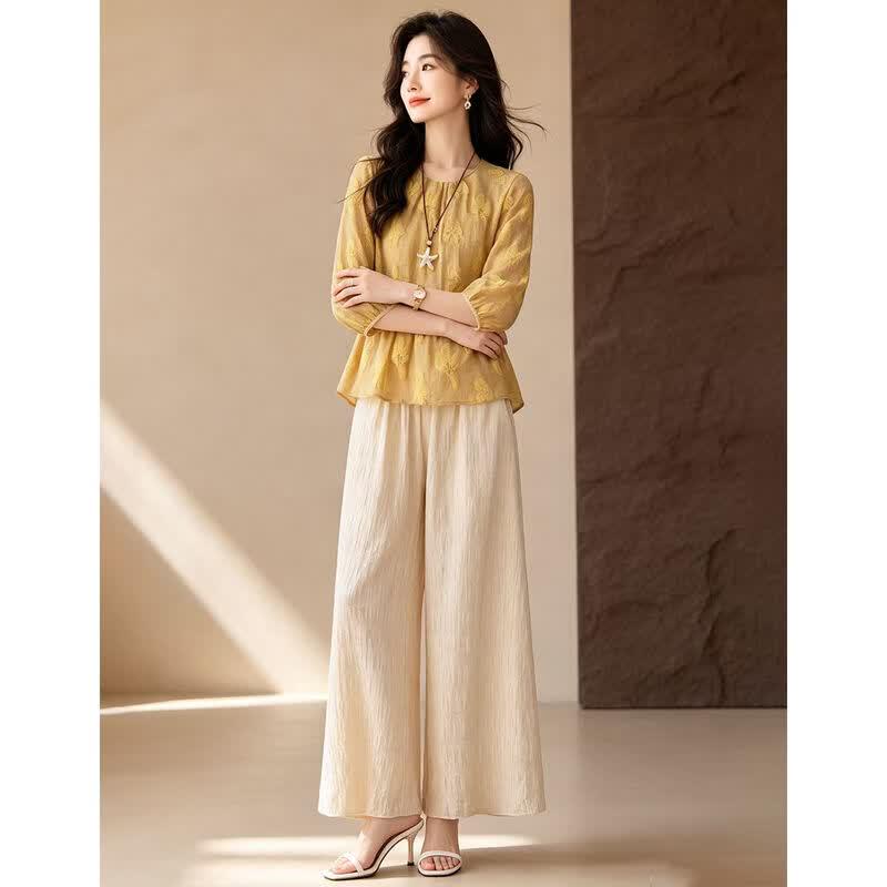 D.F.DEAR French Style Flower Embroidered Top & Wide-Leg Pants Set
