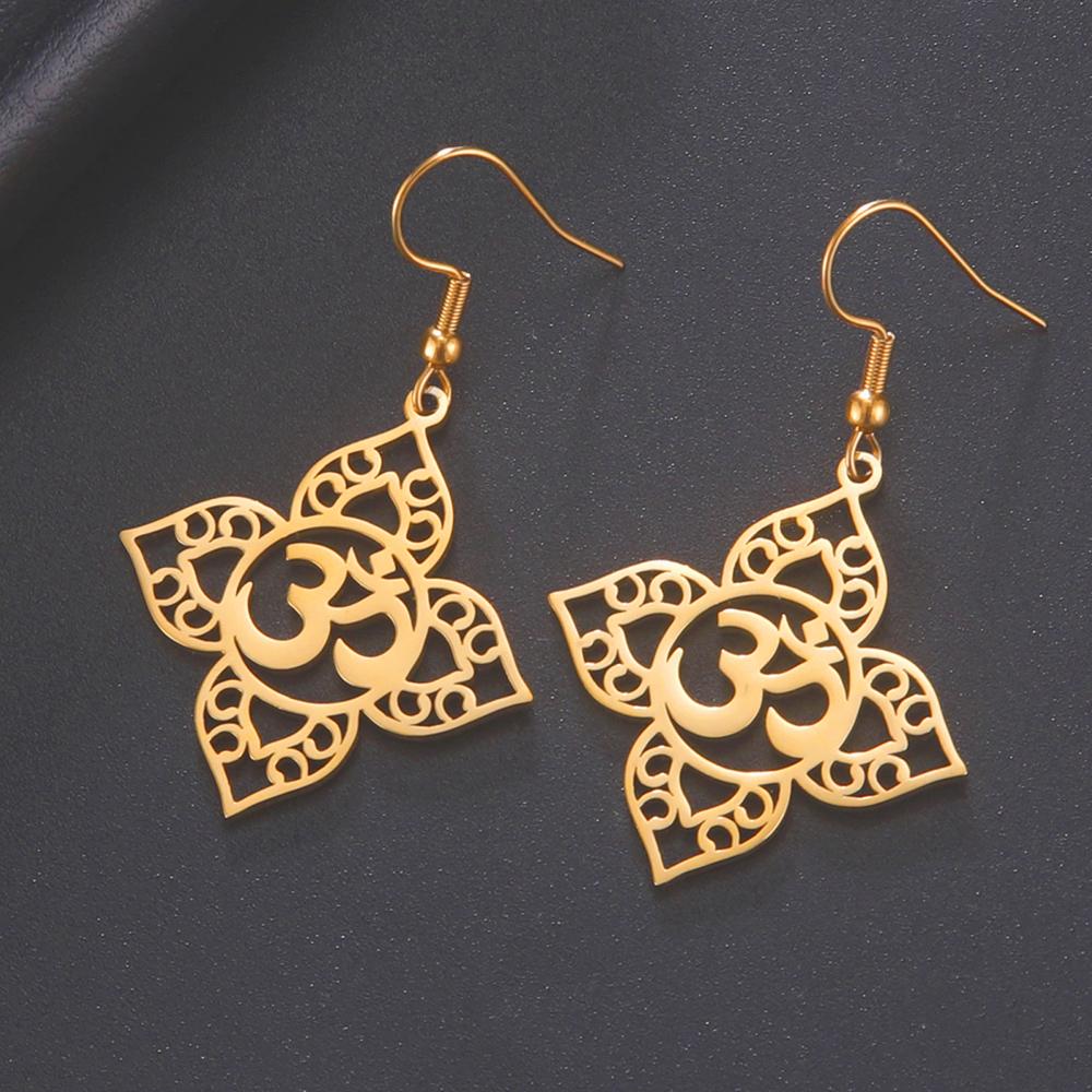 Dawapara Yoga Lotus OM Symbol Dangle Earrings for Women Girls Aum Ohm Spiritual Amulet Chakra Pendant Stainless Steel Jewelry