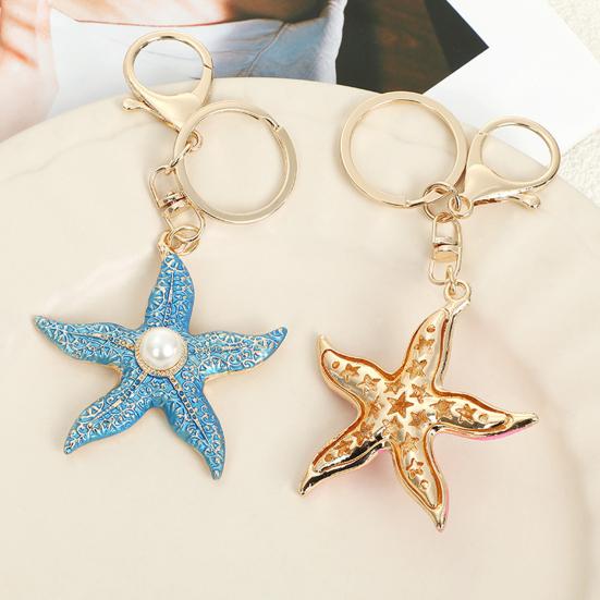 Keychain Pendant Starfish Design Zinc Alloy Key Chain with Imitation Pearl Inlaid Anti-Oxidation Lobster Clasp Key Pendant