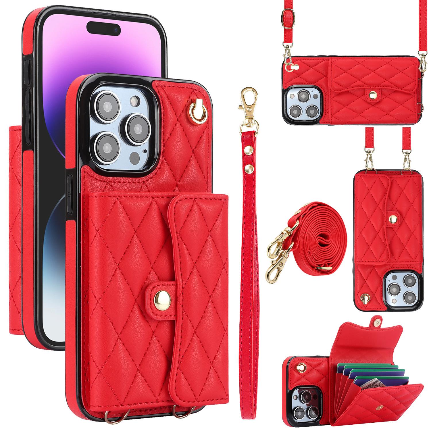 

Long Strap Card Holder Phone Case for IPhone 16 Pro Max 16e 15 Plus 14 13 Mini 11 12 7 8 XS XR SE 2 3 Leather Protective Cover For iPhone 16 Pro Max красный