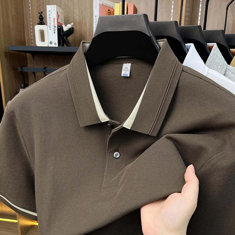 

Men s Silk Cotton Short Sleeve Polo Shirt - Light Business Casual Lapel T-Shirt 3XL