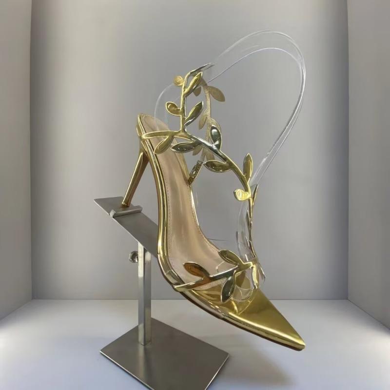 Fashion 2025 Summer New Pointy Gold High Heels Women's Stiletto Leaves Elegant Fairy Sexy Banquet Transparent Sandals