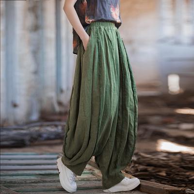Women Vintage Ramie Bloomers Pants Elastic Waist Solid Color Loose Spring Patchwork Women Long Pants