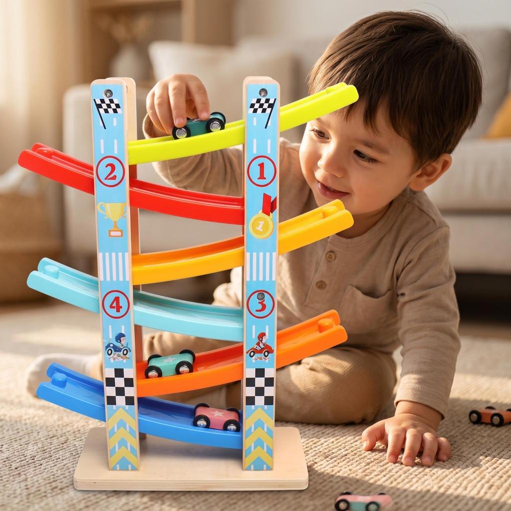 Four-Track Sliding Car Toy Educational Wooden Ramp Race Track Set Racetrack