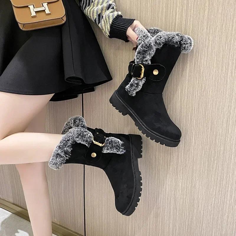 Fashion Luxury Designer Faux Suede Ankle Boots Women Winter Mid Calf Chelsea Boots Fur Shoes Warm Short Plush Flat Snow Goth Botas Mujer