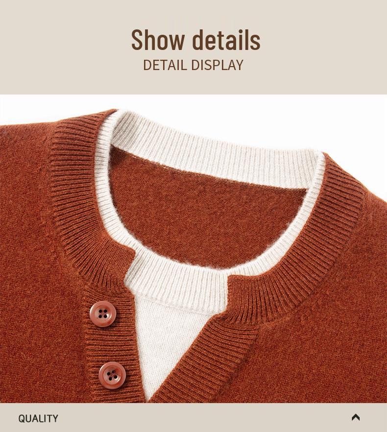 Men's Cashmere-Blend Thick Knit Sweater - Round Neck, Relaxed Fit, Faux Two-Piece, Casual Style