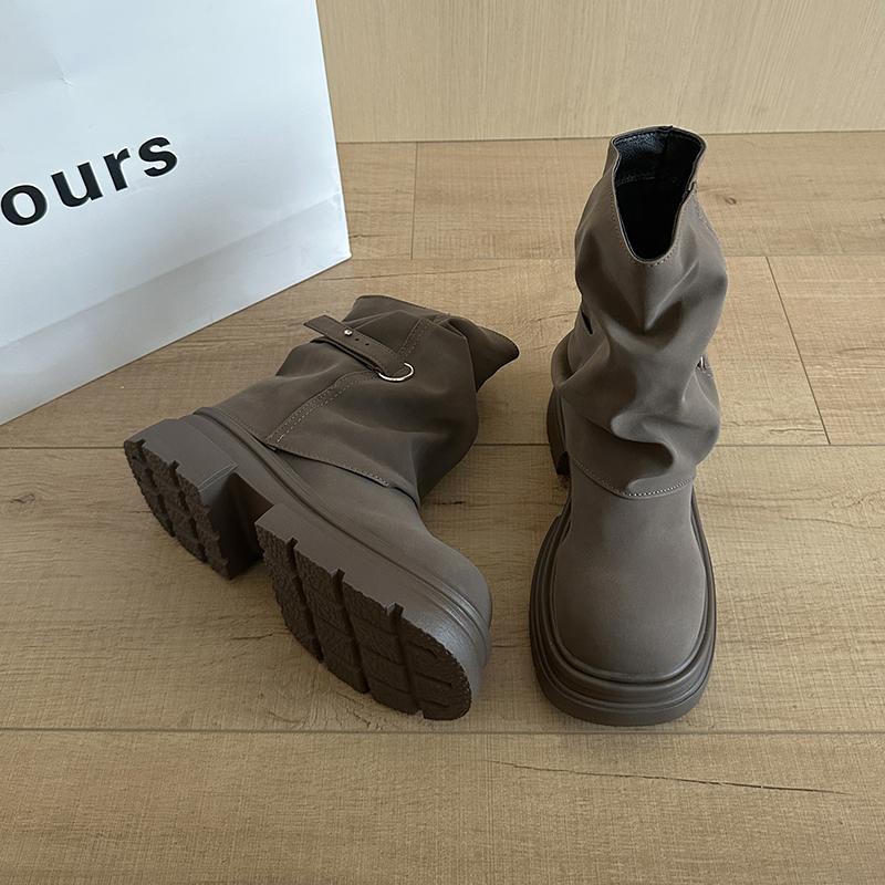 

Fashion Thick Bottom Women Pipe Short Boots Punk Style Belt Buckle Slip On Shoes Autumn Winter Women s Motorcycle Booties 35