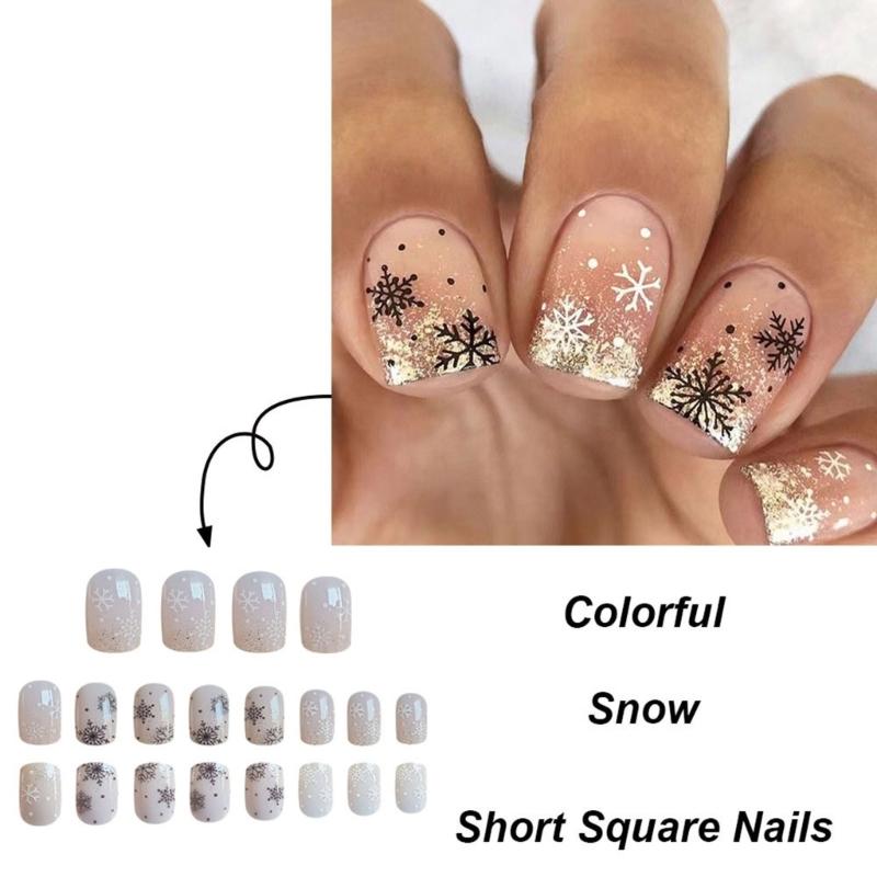 24 Pcs Short Square False Nail Christmas Press On Nail Glittering Artificial Nail Snowflake Full Cover Stick On Nail