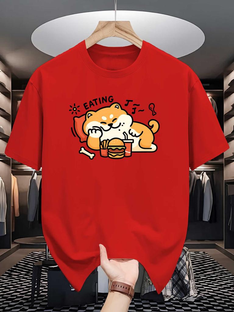 Unisex Crew Neck Tee Cute Shiba Inu Cartoon Food Graphic Print Soft Cotton Loose Breathable Short Sleeve Summer Casual Street Tops