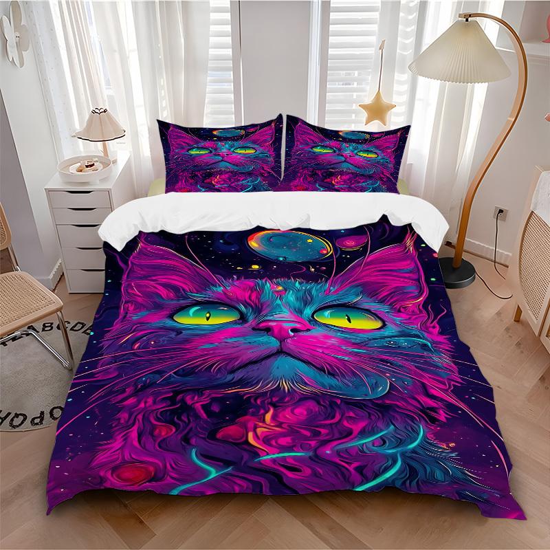 

3pcs bedding set Cosmic Cat Includes 1 Comforter + 2 Pillowcases, Without Pillow Inserts, Soft Comfortable, Lightweight Breathable145 135x200cm