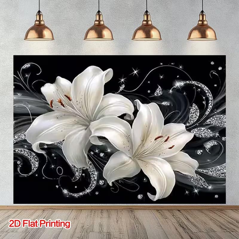 

2D Elegant White Lily Photography Backdrop, Black and Silver Floral Background 47.2x31.5inch/120*80cm