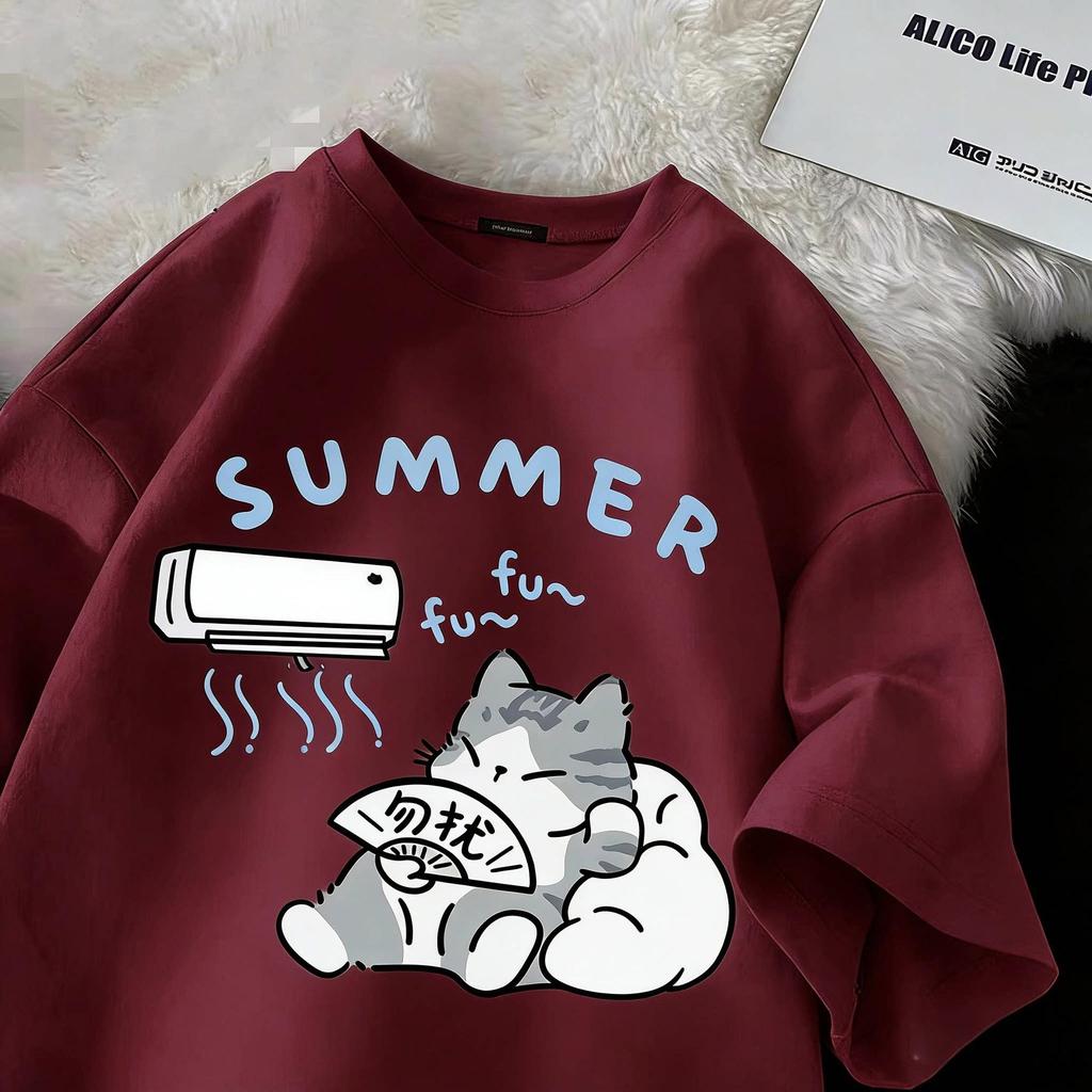 Children's Summer Cute Cat Cotton T-Shirt - Girls' Medium/Large, Boys' Trendy Brand, Short-Sleeved