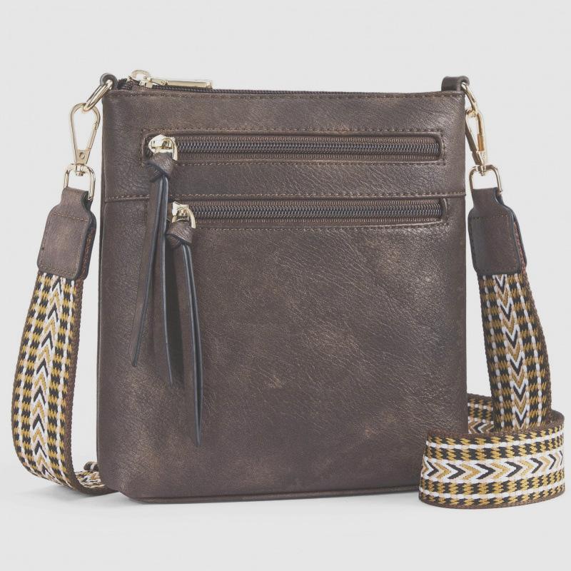 Women’s PU Leather Crossbody Bag Wide Woven Strap Multi Pocket Shoulder Bag Large Capacity Casual Messenger Purse