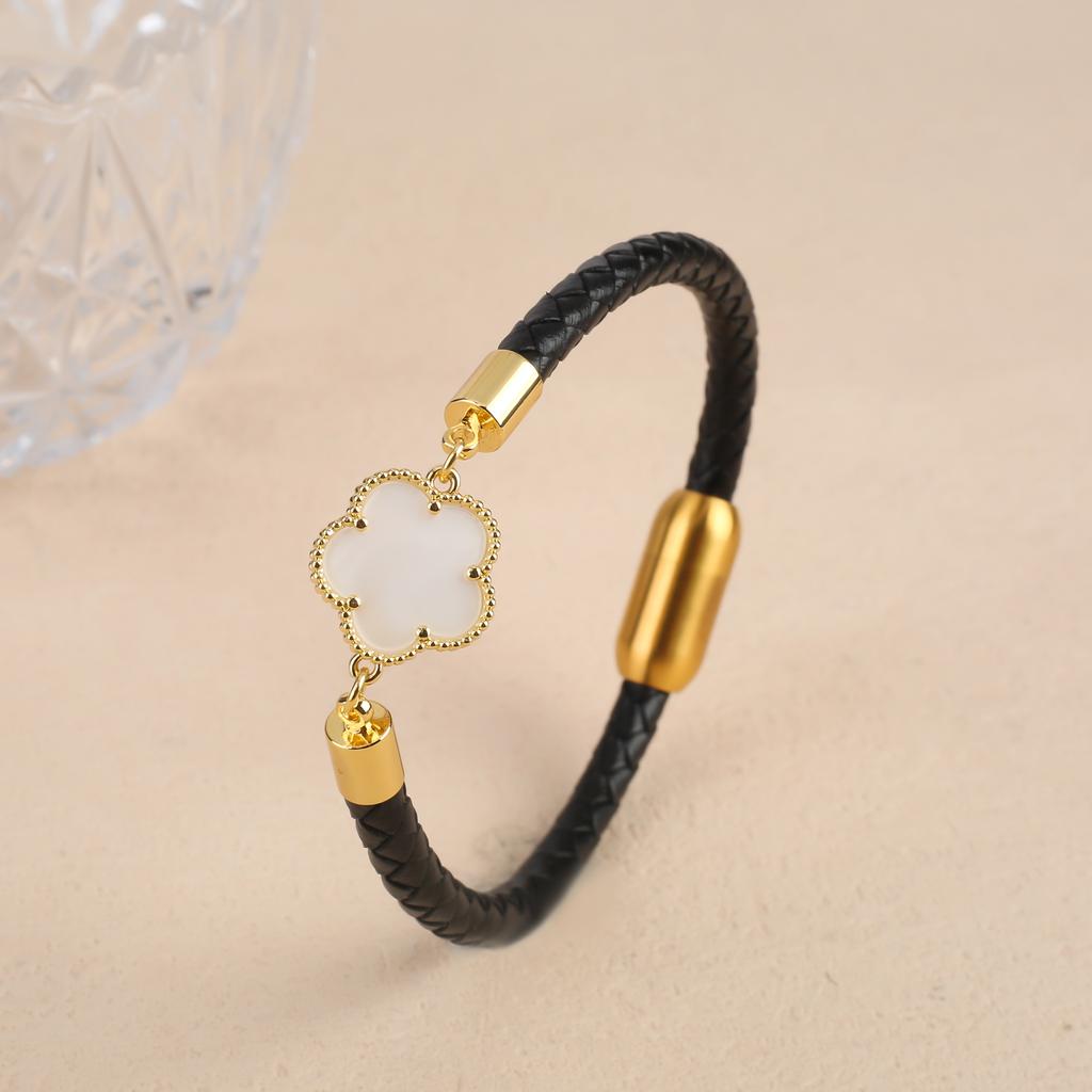 Simple Five-Leaf Flower Leather Braided Bracelet Natural Stones Clover Stainless Steel Bangle For Women Party Daily Wear Jewelry