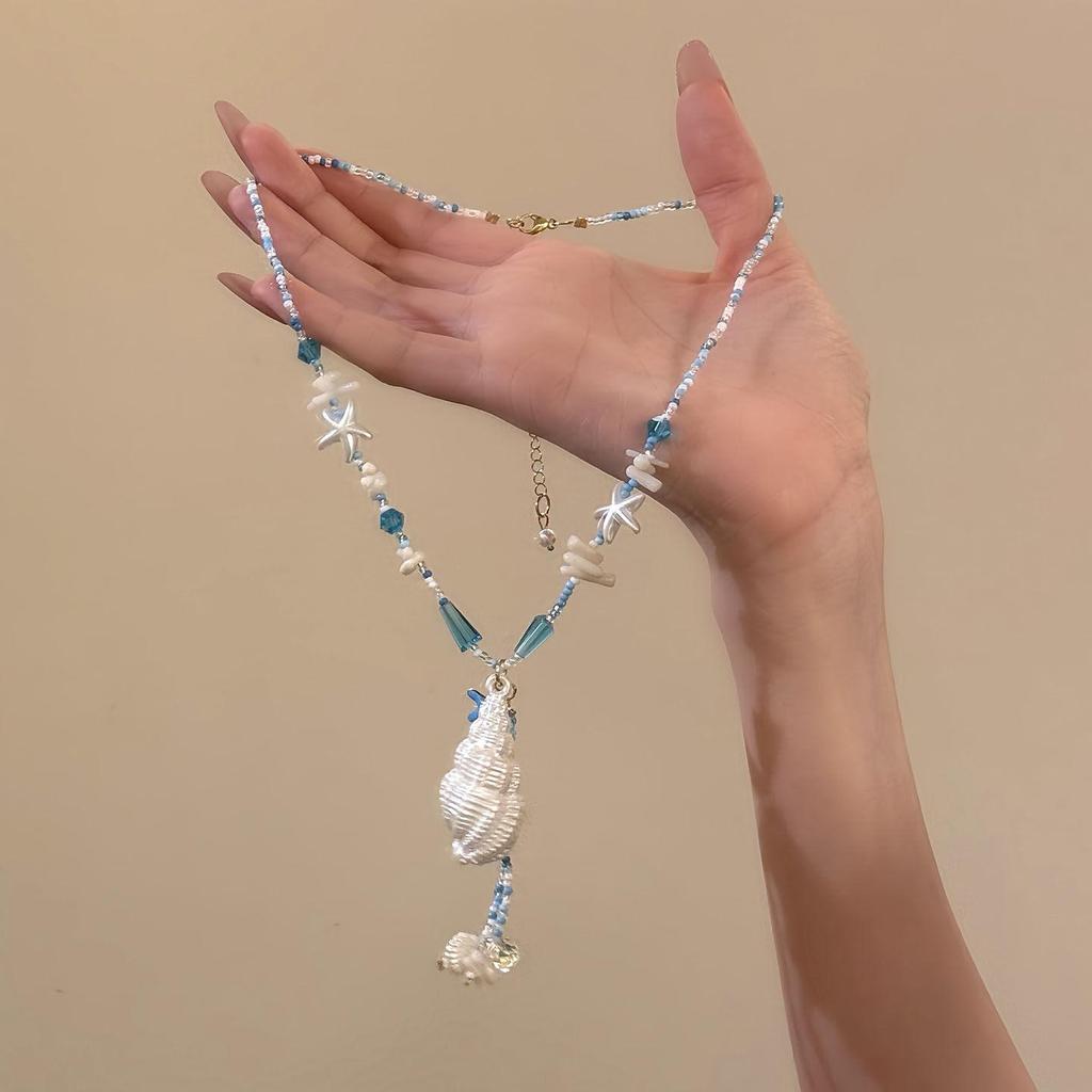 Blue Starfish Beaded Seashell Necklace - Summer Beach Style Clavicle Chain for Women