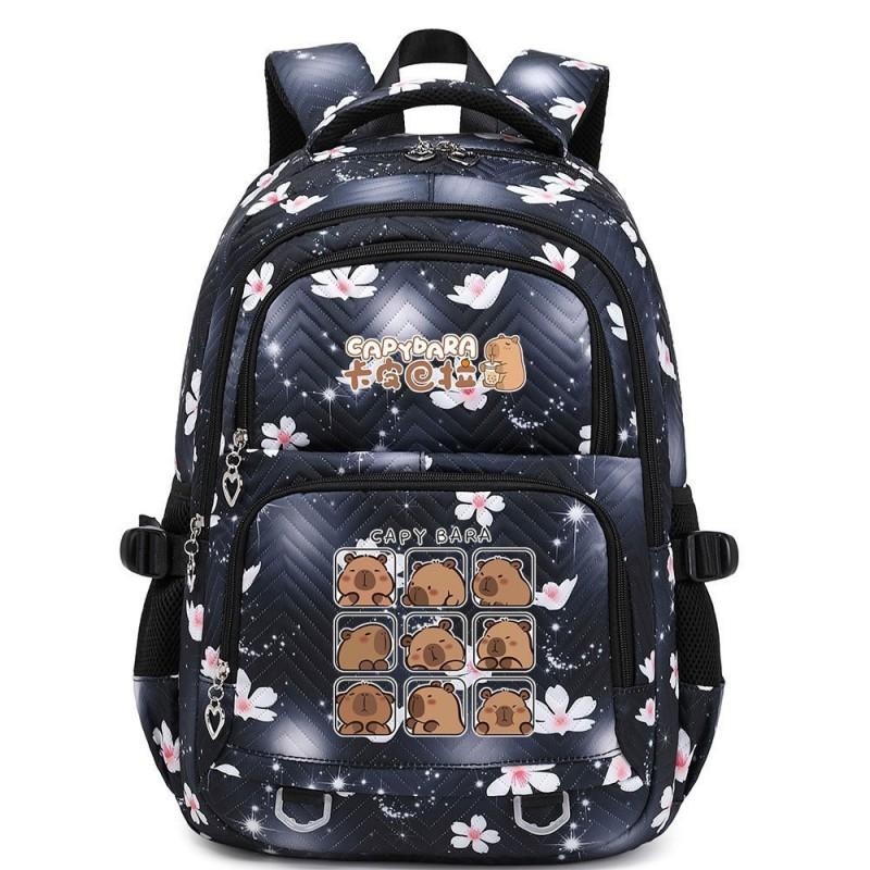 Capybara Print Youth School Backpack Teen Girls Boys Lightweight Multi-Compartment Nylon Bag With Air-Padded Straps
