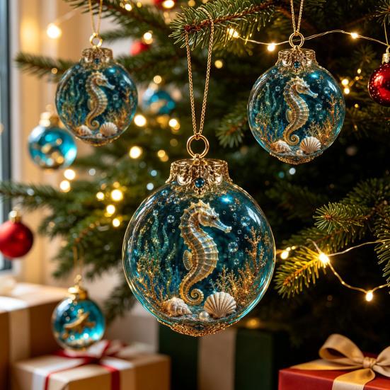 Adornos para Fiesta de Fantasía Azul Dorado, Bolas de Navidad Temáticas del Océano, Bolas Transparentes Iluminadas con Medusa Tortuga Pulpo, Creativas para Inauguración de Casa