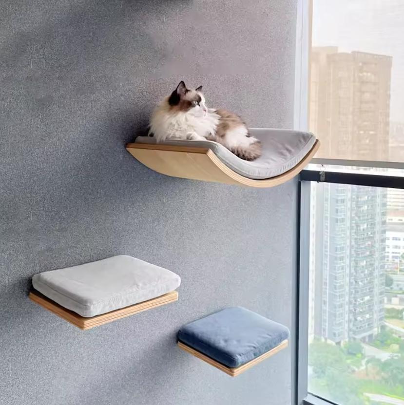 Wall Mounted Cat Climbing Shelves Hammock Wooden Cat Tree Tower Stairs House Cats Walk Playground Pet Furniture Accessories