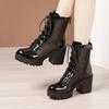 Plus Size 32-43 Quality Genuine Leather Boots Women Summer 2025 Cutout Medium Block Heels Platform Shoes Ankle Botas Black