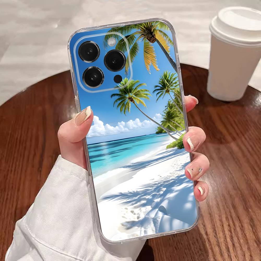 Sea Tropical Palm Trees Beach Phone Case For iPhone 17,16,15,14,13,12,11 Plus,Pro,Max,XR,XS,Plus,E,SE4,Mini Transparent Cover