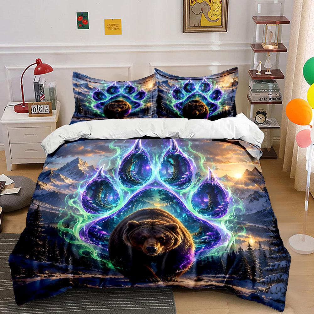 Mystical Bear with Glowing Paw Bedding Duvet Cover Set (1*Duvet Cover 2*Pillowcases, Without Duvet Insert)