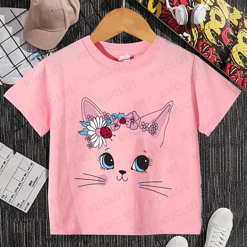Kids T Shirt Flower Cat Graphic Anime Shirt Summer Girls Floral Kitty Tops Short Sleeve Tee Cute Animal Cartoon Cat White Tshirt