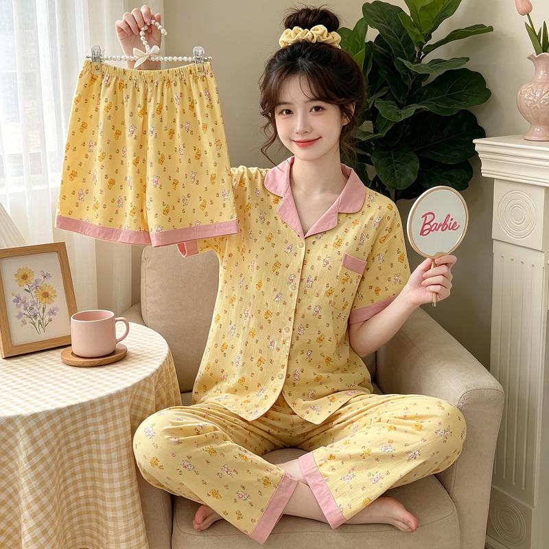 Leopard Print Love Heart Short Sleeve Pajama Set: Women's Summer Cloud Cotton Three-Piece Loungewear