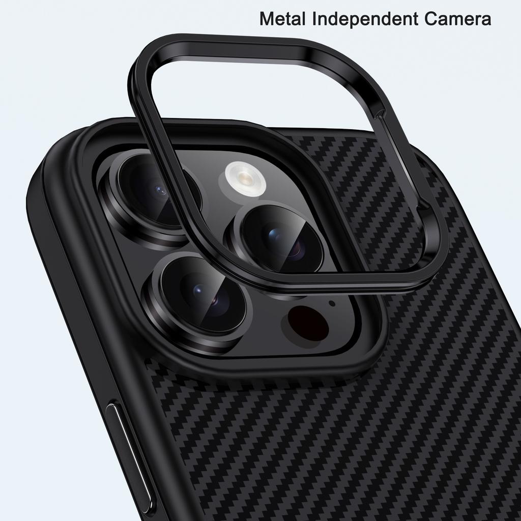 IPAKY For iPhone 16 Pro TPU Case Carbon Fiber Texture Phone Cover Metal Lens Frame