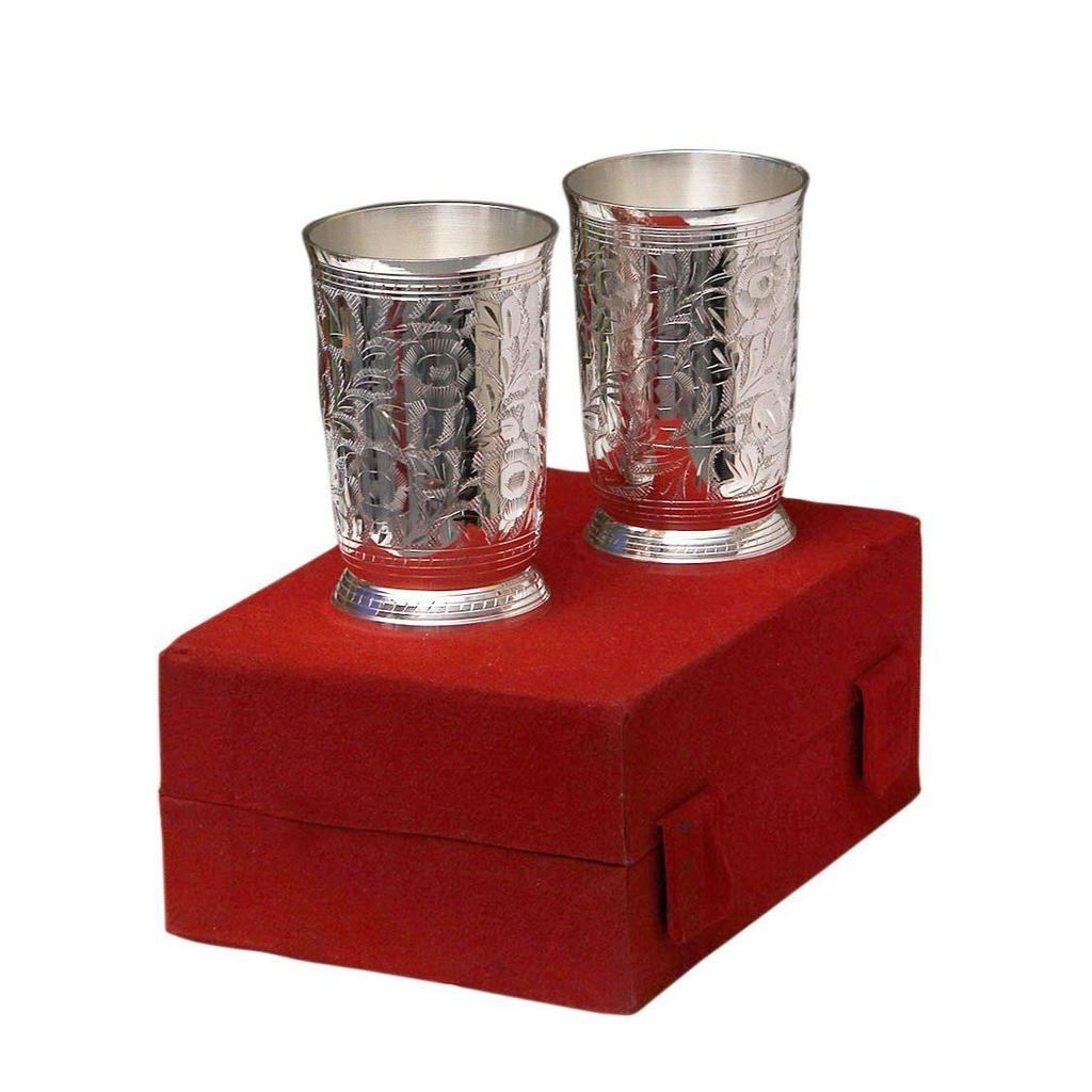 Silver Plated Embossed Glass Tumbler Water Glass for Drinking Water | Pack of 2 | Royal Look Red Velvet Box | Best for Gifting In Any Occasion