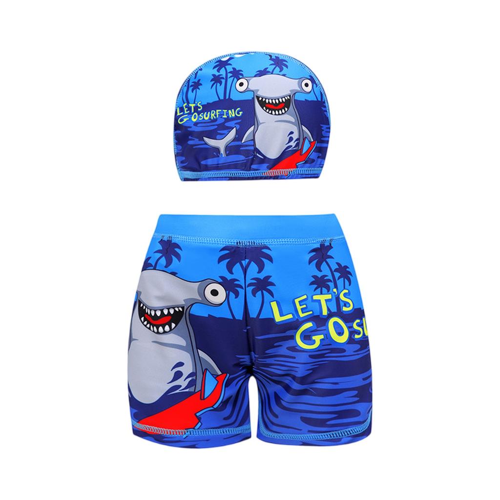 Kids Waterproof Swim Trunks with High Elasticity Four Corner Design and Matching Swim Cap Suitable for Summer Swimming Activities