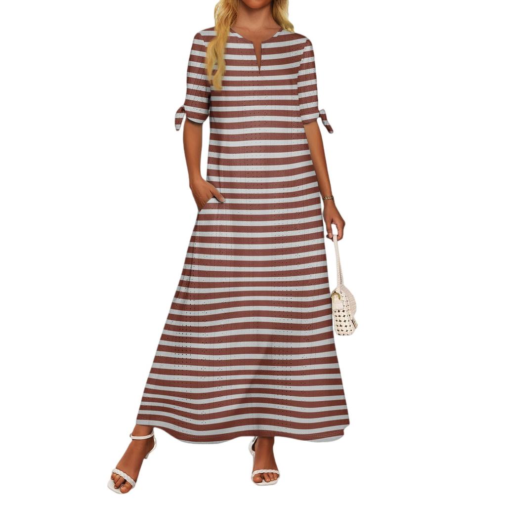 Ladies Casual Fashion Temperament Elegant Waist Striped Long Dress