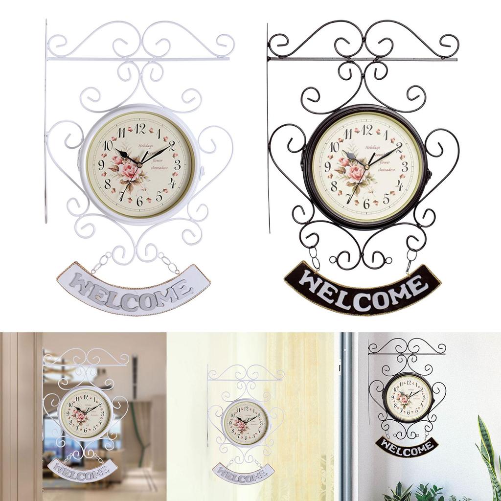 Antique Double Sided Wall Clock Double Faced Art Clock Iron Metal Creative Classic for Office Outdoor Garden Study Decoration