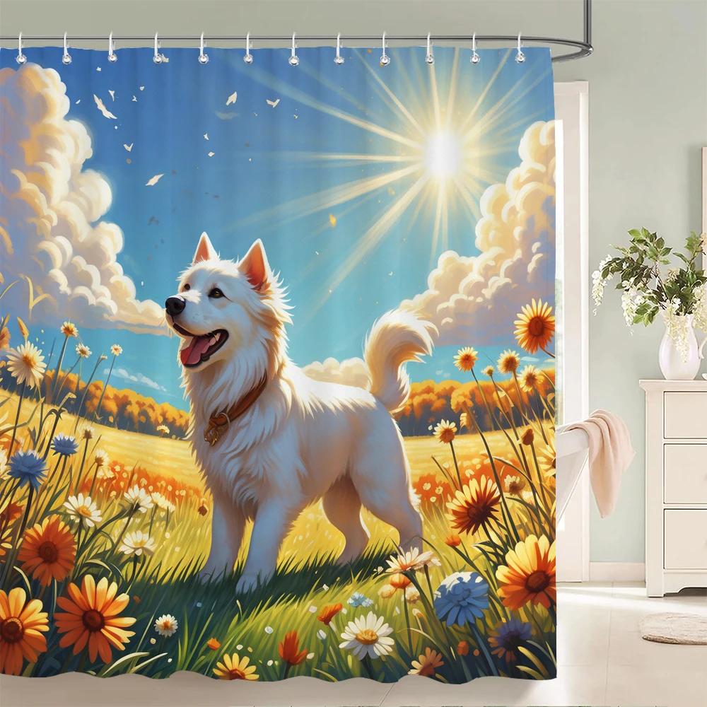 Floral Summer Shower Curtain Cat and Dog Animals Fabric Shower Curtains for Rustic Bathroom Decor Spring Plant Shower Curtain