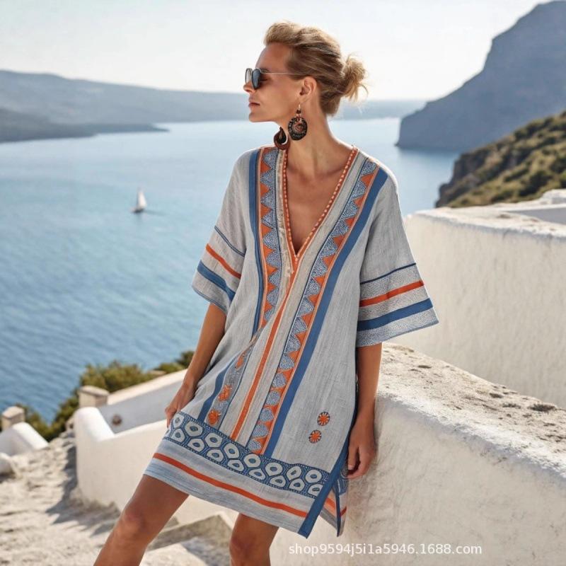 2026 women's V-neck dress seaside vacation 3D printing loose skirt beach